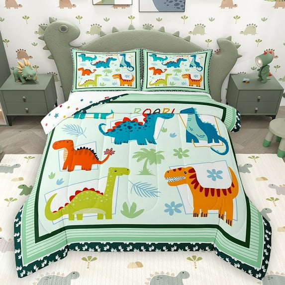 Homewish Teens Dinosaur Animal Bedding Comforter Set, Funny Jungle Wildlife Twin Comforter Sets, Cartoon Flower Leaf Reversible Bedding Set, Lightweight Room Decor, 2 Pieces