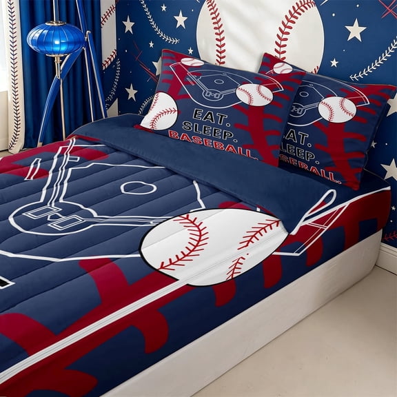 Homewish Teens Eat Sleep Baseball Zipper Twin Comforter Sets with Fitted Sheet and 2 Pillowcases,Sport Gamer Zipper Bedding Set,4-Piece,Navy Blue Reversible