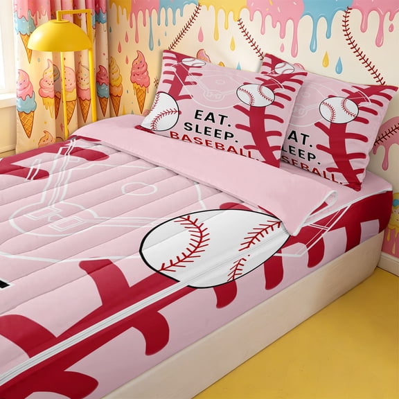 Homewish Teens Eat Sleep Baseball Zipper Twin Comforter Sets with Fitted Sheet and 2 Pillowcases,Sport Gamer Zipper Bedding Set,4-Piece,Pink Reversible