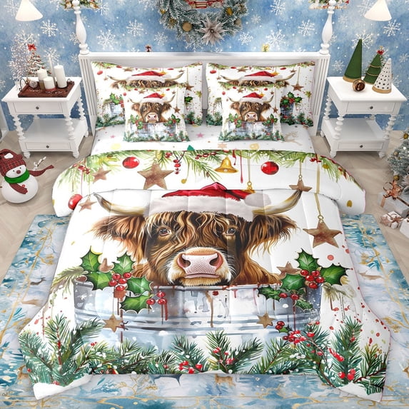 Homewish Teens Farmhouse Animal Highland Cow Twin Bedding Sets 7-Piece,Merry Christmas Bedding Comforter Set Microfiber,Xmas Festival Breathable Sheet Sets,Breathable Home Decor,Reversible