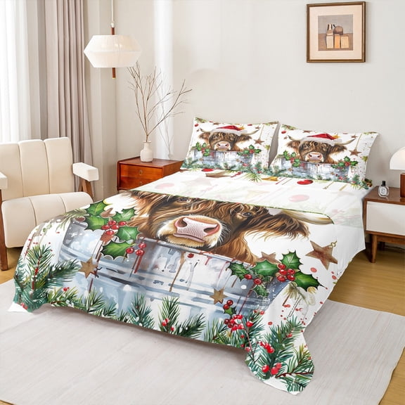 Homewish Teens Farmhouse Animal Highland Cow Twin Sheet Sets 3pcs,Merry Christmas Twin Fitted Sheet Microfiber,Xmas Festival Breathable Flat Sheet,Breathable Home Decor