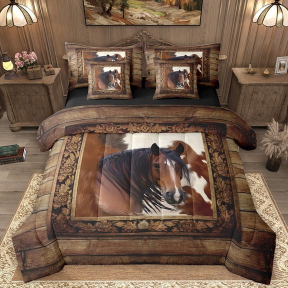 Homewish Teens Farmhouse Animal Horse Twin Bedding Sets 7-Piece,Lodge Cabin Bedding Comforter Set Microfiber,Retro Vintage Breathable Sheet Sets,Super Cozy Room Decor,Reversible