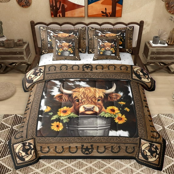 Homewish Teens Farmhouse Highland Cow Bedding Comforter Set 7-Piece,Cattle Print King Bedding Sets,Western Horseshoe Sunflower Ultra Soft Bed Sheets,Breathable Home Decor,Reversible