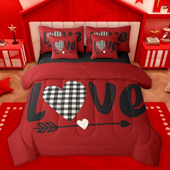Homewish Teens Female Love Heart Print Bedding Comforter Set 7 Pieces,Romantic Lover Couple Full Bedding Set Lightweight,Happy Valentine's Day Fitted Sheet Flat Sheet,Ultra Soft Home Decor