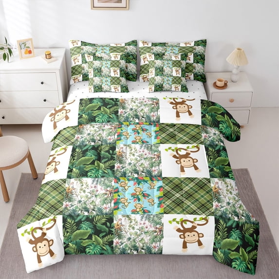 Homewish Teens Female Men Cartoon Animal Monkey Bedding Comforter Set 7-Piece,Geometric Plaid Grid King Bedding Sets,Tropical Tree Leaves Ultra Soft Bed Sheets,Luxury Bedroom Decor,Reversible