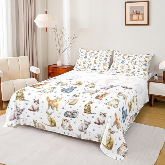 Homewish Teens Female Men Cartoon Cats 4 Pieces Queen Sheet Sets,Kawaii Animal Ultra Soft Flat Sheet,Cute Pets Queen Fitted Sheet,Luxury Bedroom Decor