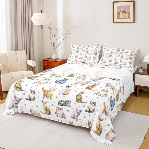Homewish Teens Female Men Cartoon Cats Full Size Sheets 4-Piece,Kawaii Animal Breathable Bed Sheets,Cute Pets Lightweight Sheet Sets,Luxury Bedroom Decor