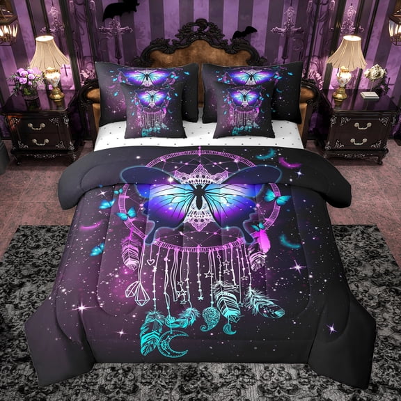 Homewish Teens Female Men Flying Gradient Butterfly Twin Bedding Sets 7-Piece,Bohemian Feather Dreamcatcher Bedding Comforter Set Microfiber,Galaxy Starry Sky Breathable Sheet Sets