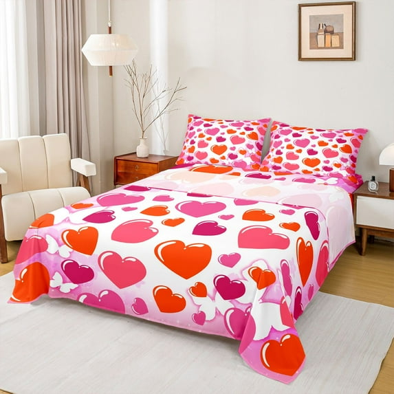 Homewish Teens Female Men Love Heart Print 4 Pieces Queen Sheet Sets,Flying Butterflies Ultra Soft Flat Sheet,Happy Valentine'S Day Queen Fitted Sheet,Super Cozy Room Decor