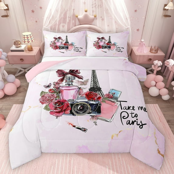 Homewish Teens Female Men Paris Eiffel Tower Bedding Comforter Set 2pcs,Chic Floral Rose Twin Comforter Sets Microfiber,Gradient Marbling Watercolor Breathable Bedding Set,Super Cozy Room Decor