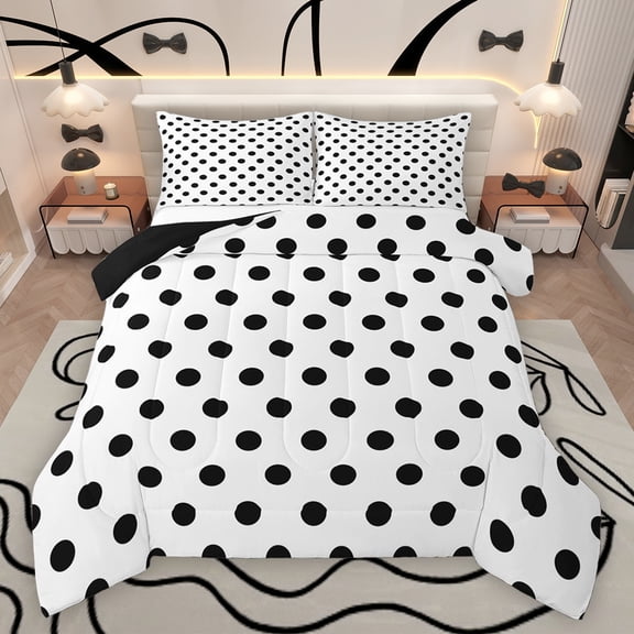 Homewish Teens Female Men Polka Dots 3 Pieces Queen Comforter Set,Black White Ultra Soft Bedding Sets,Minimalist Vintage Geometric Circle Bedding Comforter Set Breathable,Super Cozy Room Decor