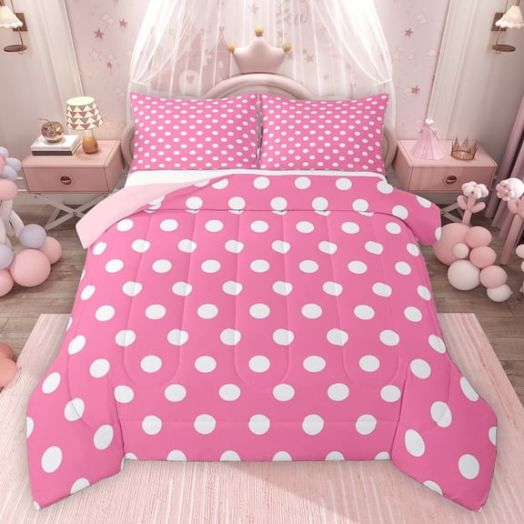 Homewish Teens Female Men Polka Dots 3 Pieces Queen Comforter Set,Pink White Ultra Soft Bedding Sets,Minimalist Vintage Geometric Circle Bedding Comforter Set Breathable,Super Cozy Room Decor