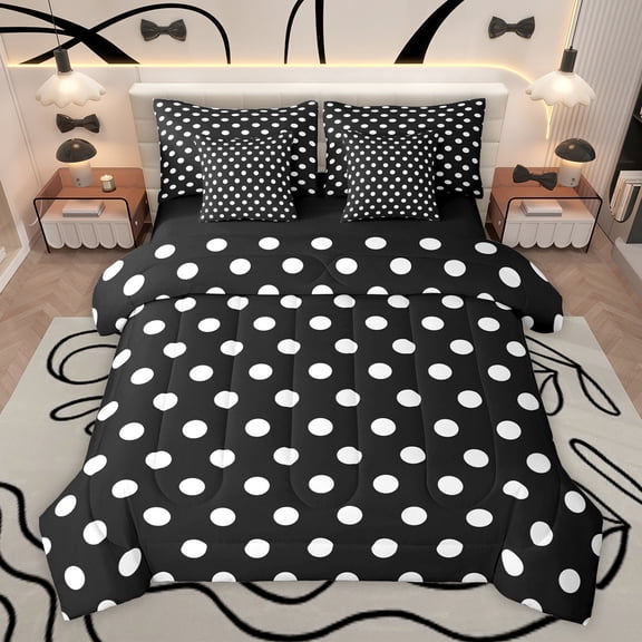 Homewish Teens Female Men Polka Dots Bedding Comforter Set 7-Piece,Black White King Bedding Sets,Minimalist Vintage Geometric Circle Ultra Soft Bed Sheets,Super Cozy Room Decor,Reversible