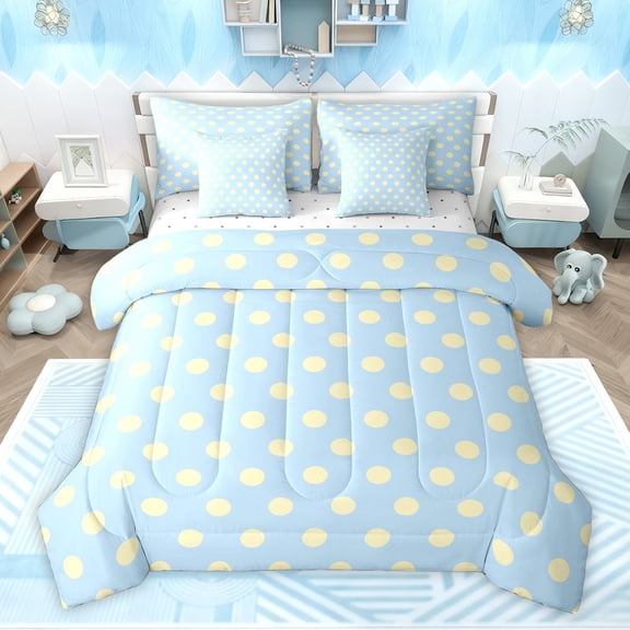 Homewish Teens Female Men Polka Dots Bedding Comforter Set 7-Piece,Blue Yellow King Bedding Sets,Minimalist Vintage Geometric Circle Ultra Soft Bed Sheets,Super Cozy Room Decor,Reversible