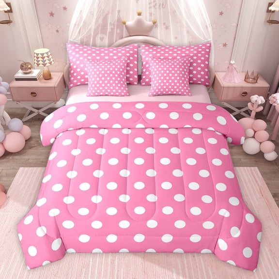Homewish Teens Female Men Polka Dots Bedding Comforter Set 7-Piece,Pink White King Bedding Sets,Minimalist Vintage Geometric Circle Ultra Soft Bed Sheets,Super Cozy Room Decor,Reversible
