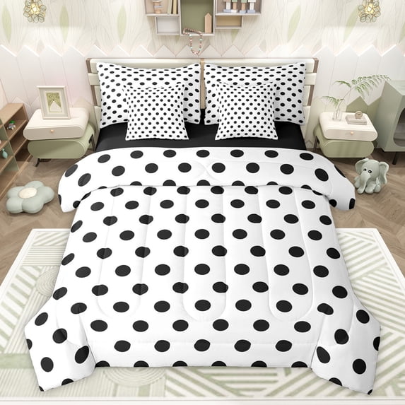 Homewish Teens Female Men Polka Dots Bedding Comforter Set 7 Pieces,Black White Full Bedding Set Lightweight,Minimalist Vintage Geometric Circle Fitted Sheet Flat Sheet,Super Cozy Room Decor