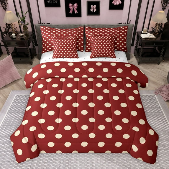Homewish Teens Female Men Polka Dots Bedding Comforter Set 7 Pieces,Red Wheat Full Bedding Set Lightweight,Minimalist Vintage Geometric Circle Fitted Sheet Flat Sheet,Super Cozy Room Decor