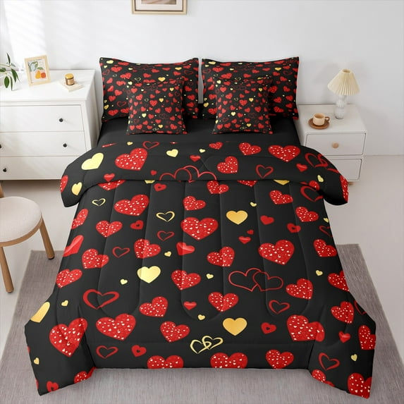 Homewish Teens Female Men Romantic Couple Lover Twin Bedding Sets 7-Piece,Red Love Heart Print Bedding Comforter Set Microfiber,Happy Valentine'S Day Breathable Sheet Sets,Super Cozy Room Decor