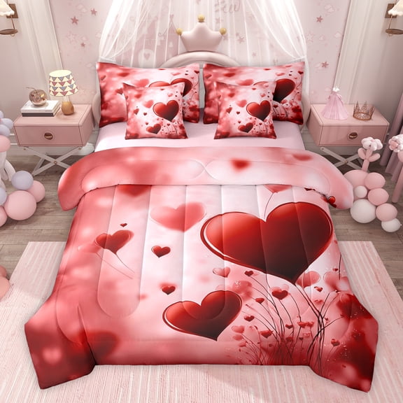 Homewish Teens Female Men Romantic Couple Lover Twin Bedding Sets 7-Piece,Red Love Heart Print Bedding Comforter Set Microfiber,Happy Valentine'S Day Breathable Sheet Sets,Super Cozy Room Decor