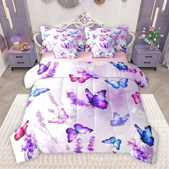 Homewish Teens Female Women Flying Gradient Butterflies Bedding Comforter Set 7 Pieces,Chic Purple Floral Flowers Full Bedding Set Lightweight,Spring Garden Fitted Sheet Flat Sheet