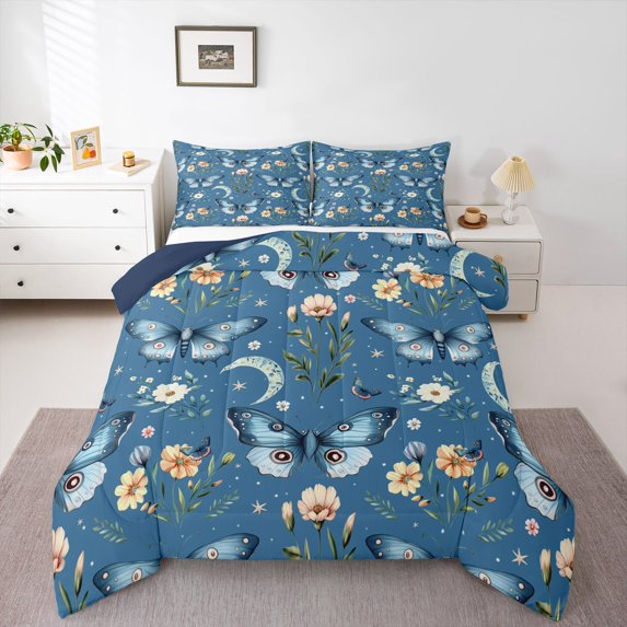 Homewish Teens Floral Butterflies 3-Piece Full Size Comforter Sets,Flowers Blossom Bedding Comforter Set,Exotic Style Lightweight Bedding Sets,Breathable Home Decor,Reversible