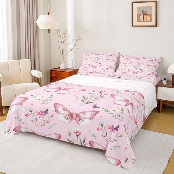 Homewish Teens Floral Butterflies 3pcs Twin Sheet Sets,Flowers Blossom Twin Fitted Sheet,Exotic Style Breathable Flat Sheet,Breathable Home Decor