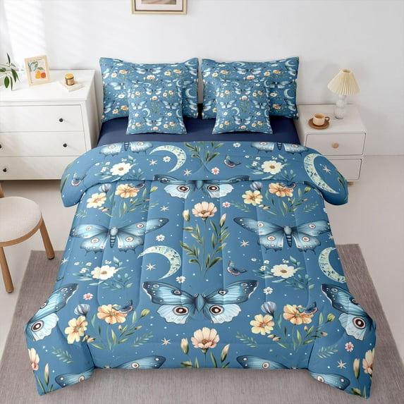 Homewish Teens Floral Butterflies 7-Piece Bedding Comforter Set,Flowers Blossom King Bedding Sets,Exotic Style Ultra Soft Bed Sheets,Breathable Home Decor,Reversible