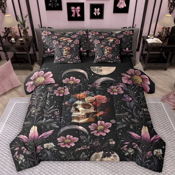 Homewish Teens Floral Gothic Skull 7-Piece Bedding Comforter Set,Pink Flowers King Bedding Sets,Bohemian Boho Ultra Soft Bed Sheets,Ultra Soft Home Decor,Reversible