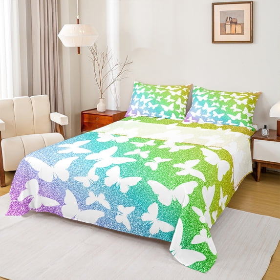 Homewish 4-Piece King Size Flying Butterflies Glitter Gradient Bed Sheets, Breathable for Teens