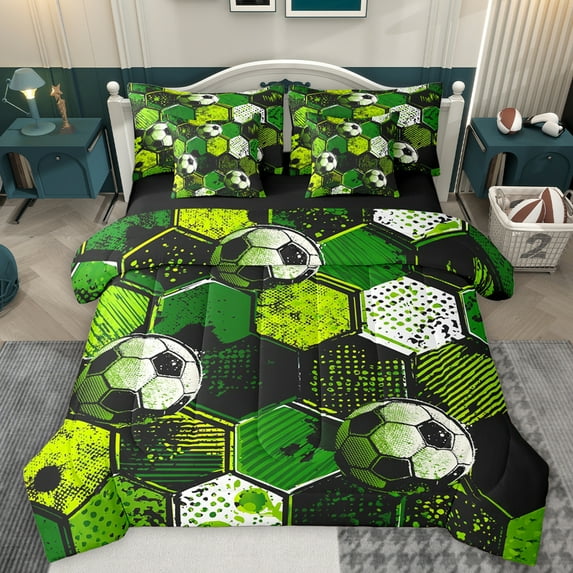 Homewish Teens Football Lover Bedding Comforter Set 7 Pieces, Modern Ball Sports Full Bedding Set, Vintage Green Honeycomb Reversible Fitted Sheet Flat Sheet, Luxury Bedroom Decor