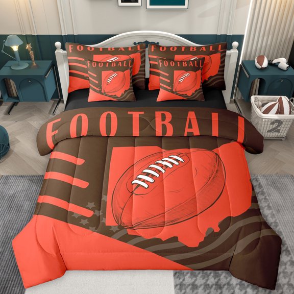 Homewish Teens Football Player Twin Bedding Sets 7-Piece, Soccer Rugby Sports Lover Bedding Comforter Set, Brown Orange Cartoon Reversible Sheet Sets, Ultra Soft Bedroom Decor