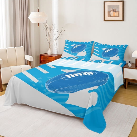 Homewish Teens Football Player Twin Sheet Sets, Soccer Rugby Sports Lover Twin Fitted Sheet, Blue Grey Cartoon Flat Sheet, Luxury Bedroom Decor, 3 Pieces