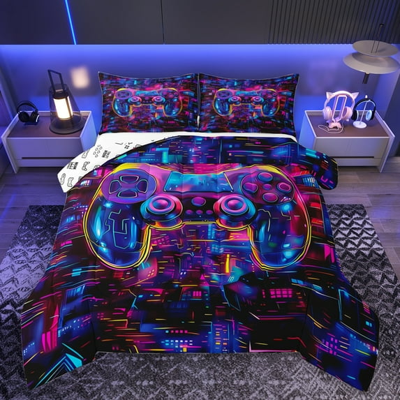 Homewish Teens Futuristic Gamepad Bedding Comforter Set, Game Console Lover Twin Comforter Sets, Cartoon Game Player Reversible Bedding Set, Microfiber Bedroom Decor, 2-Piece