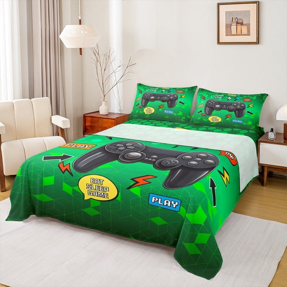 Homewish Teens Game Gamepad Bed Sheets, Video Gaming Gamer King Sheets, Green Square Checkered Sheet Set, Ultra Soft Bedroom Decor, 4 Pieces