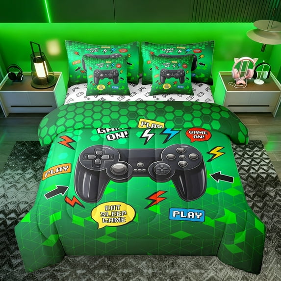 Homewish Teens Game Gamepad Bedding Comforter Set 7pcs, Video Gaming Gamer King Bedding Sets, Green Square Checkered Reversible Bed Sheets, Ultra Soft Bedroom Decor