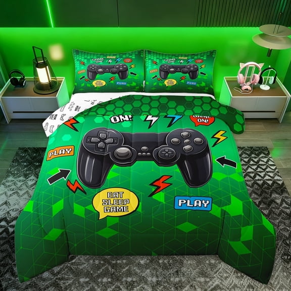 Homewish Teens Game Gamepad Full Size Comforter Sets, Video Gaming Gamer Bedding Comforter Set, Green Square Checkered Reversible Bedding Sets, Ultra Soft Bedroom Decor, 3 Pieces