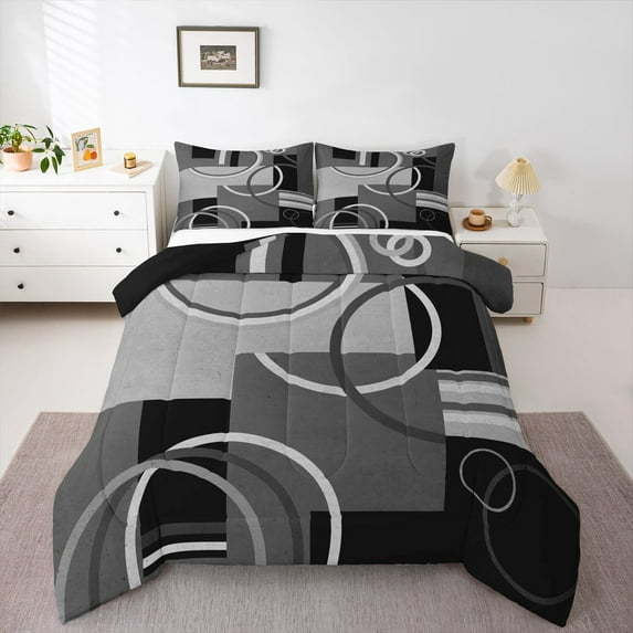 Homewish Teens Geometric Circle Stripes Bedding Comforter Set 2pcs,Abstract Rectangle Twin Comforter Sets Microfiber,Vintage Aesthetic Breathable Bedding Set,Luxury Bedroom Decor,Reversible