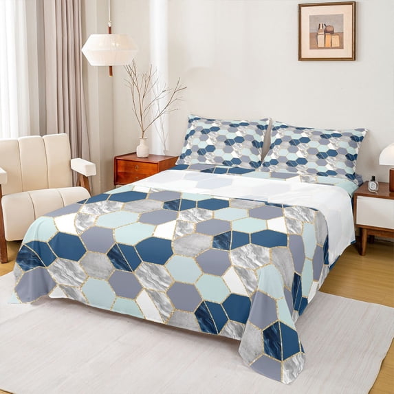 Homewish Teens Geometric Honeycomb 3pcs Twin Sheet Sets,Bling Golden Glitter Twin Fitted Sheet,Abstract Gradient Hexagon Breathable Flat Sheet,Lightweight Room Decor