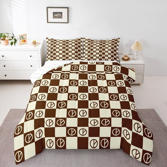 Homewish Teens Geometric Plaid Grid 3 Pieces Queen Comforter Set,Abstract Minimalist Buffalo Ultra Soft Bedding Sets,Brown Wheat Bedding Comforter Set Breathable,Breathable Home Decor,Reversible