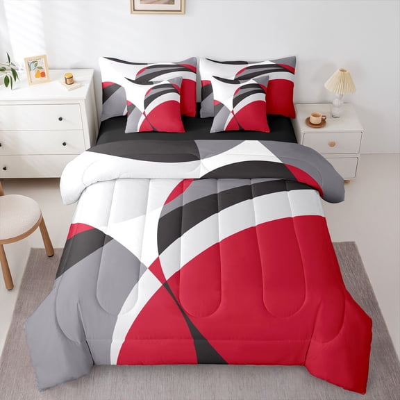 Homewish Teens Geometric Stripes Bedding Comforter Set 7pcs,Abstract Lines Queen Bedding Sets Super Cozy,Vintage Aesthetic Queen Sheet Sets,Luxury Bedroom Decor,Reversible