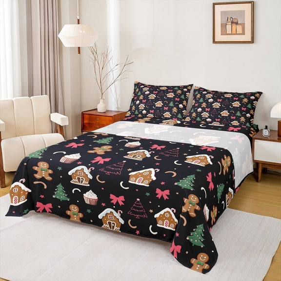 Homewish Teens Gingerbread Man Twin Sheet Sets, Christmas Dessert House Twin Fitted Sheet, Kawaii Cartoon Ribbon Flat Sheet, Breathable Home Decor, 3-Piece