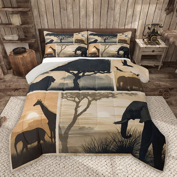 Homewish Teens Giraffe Lion Elephants 3 Pieces Queen Comforter Set,African Savanna Animal Ultra Soft Bedding Sets,Wildlife Lover Bedding Comforter Set Breathable,Breathable Home Decor,Reversible