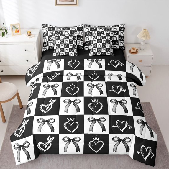 Homewish Teens Girls Female Cartoon Bowknot Bedding Comforter Set 7-Piece,Black White King Bedding Sets,Plaid Love Heart Ultra Soft Bed Sheets,Breathable Home Decor,Reversible