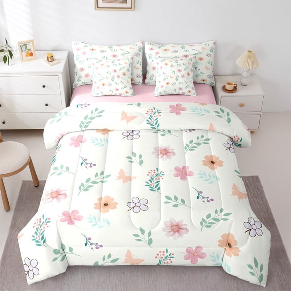 Homewish 7-Piece Twin Bedding Set - Teens Floral Butterflies Spring Garden