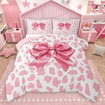 Homewish Teens Girls Kawaii Ribbon Bowtie 2pcs Bedding Comforter Set,Pink White Twin Comforter Sets,Leopard Print Breathable Bedding Set,Luxury Bedroom Decor,Reversible