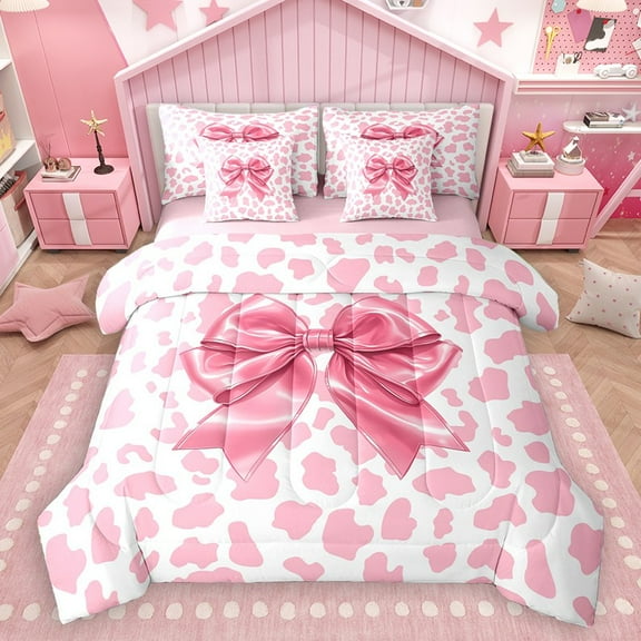 Homewish Teens Girls Kawaii Ribbon Bowtie 7-Piece Twin Bedding Sets,Pink White Bedding Comforter Set,Leopard Print Breathable Sheet Sets,Luxury Bedroom Decor,Reversible