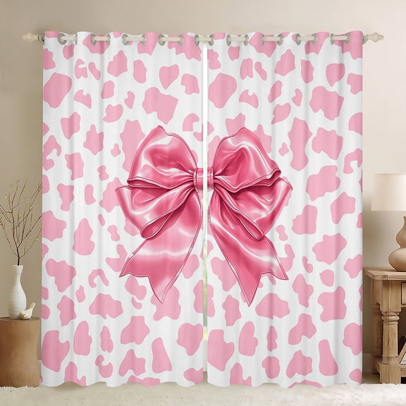 Homewish Teens Girls Kawaii Ribbon Bowtie Black Out Curtains,Pink White Curtains Pack of 2 (42x63 Each),Leopard Print Bedroom Curtains,Luxury Bedroom Decor