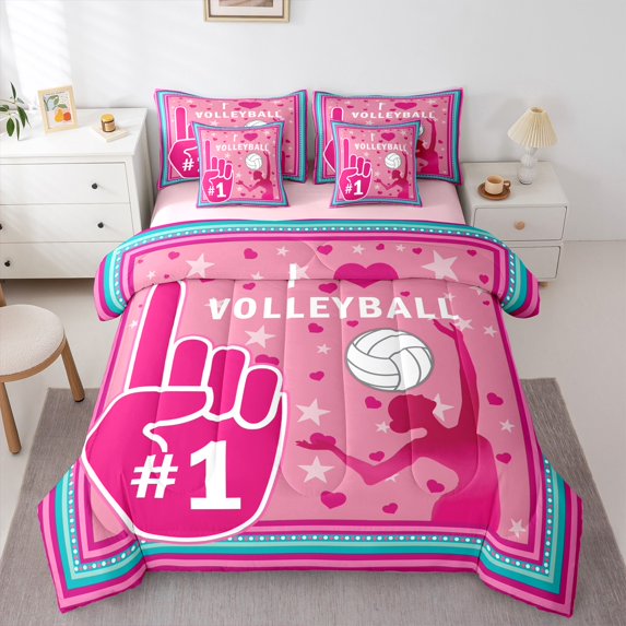 Homewish Teens Girls Volleyball Gamer Bedding Comforter Set 7-Piece,Girl Sport Game King Bedding Sets,Stars Love Heart Ultra Soft Bed Sheets,Breathable Home Decor,Reversible