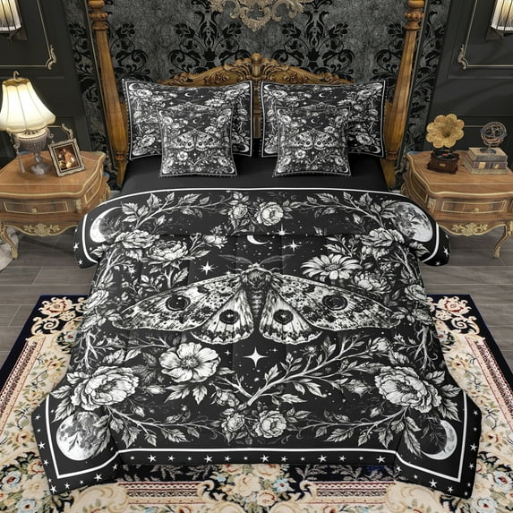 Homewish Teens Gothic Moth Bedding Comforter Set 7pcs,Abstract Starry Sky Queen Bedding Sets Super Cozy,Chic Floral Flowers Queen Sheet Sets,Lightweight Room Decor,Reversible