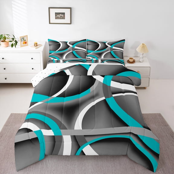 Homewish Teens Grey Teal Stripes 3 Pieces Queen Comforter Set,Abstract Minimalist Lines Ultra Soft Bedding Sets,Minimalism Geometric Theme Bedding Comforter Set,Super Cozy Room Decor,Reversible